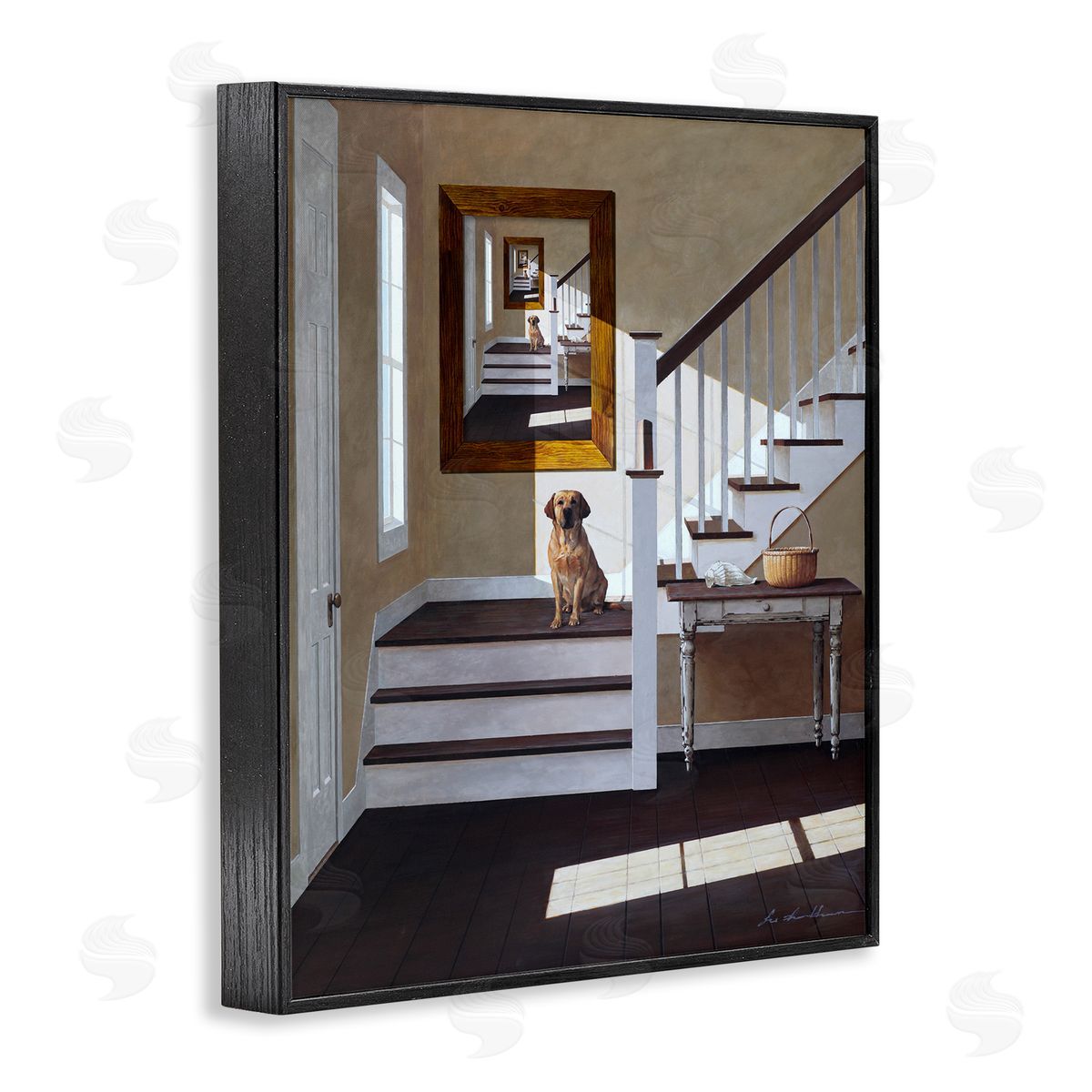 Dog on Country Staircase Black Frame Print Wall Art, Home Decor by Zhen-Huan Lu