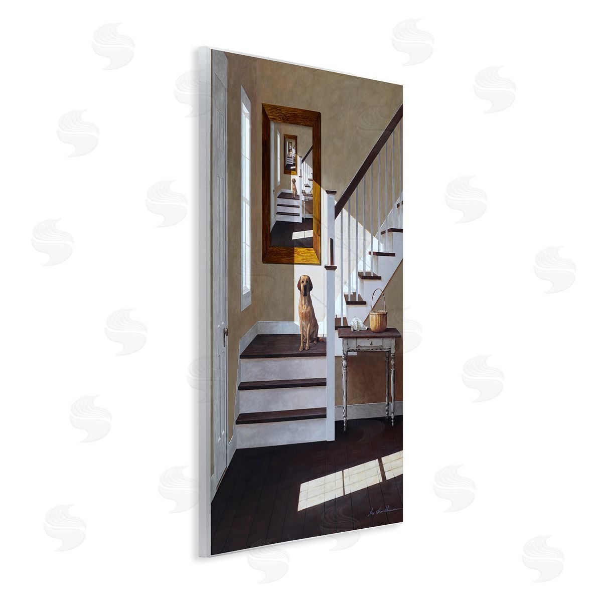 Dog on Country Staircase Wood Plaque Wall Art, Home Decor by Zhen-Huan Lu