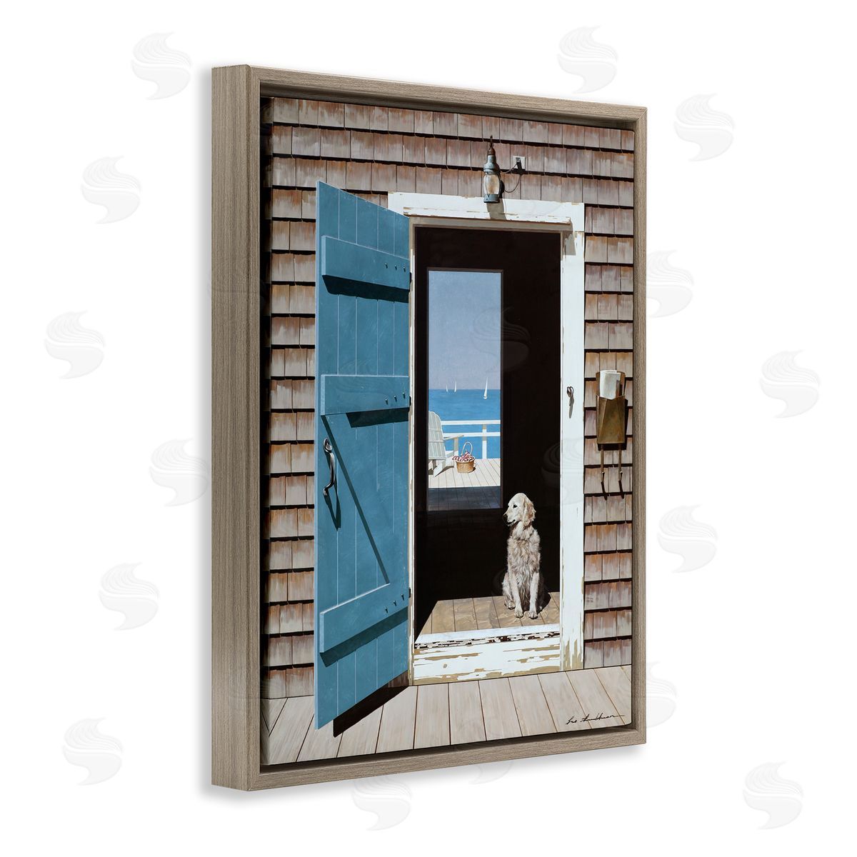 Dog Between Coastal Doorways Brown Floating Frame Canvas Wall Art, Home Decor by Zhen-Huan Lu