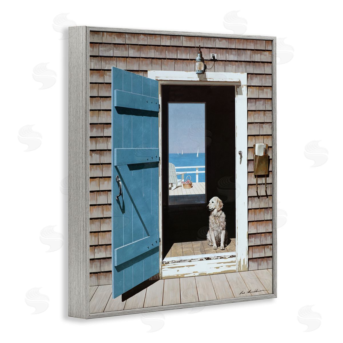 Dog Between Coastal Doorways Grey Frame Print Wall Art, Home Decor by Zhen-Huan Lu
