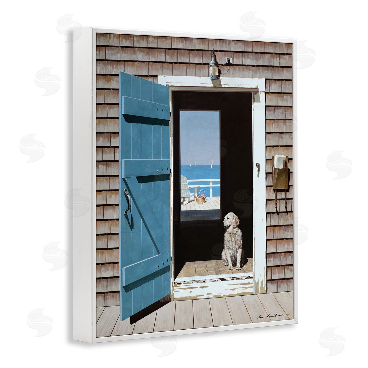 Dog Between Coastal Doorways White Frame Print Wall Art, Home Decor by Zhen-Huan Lu