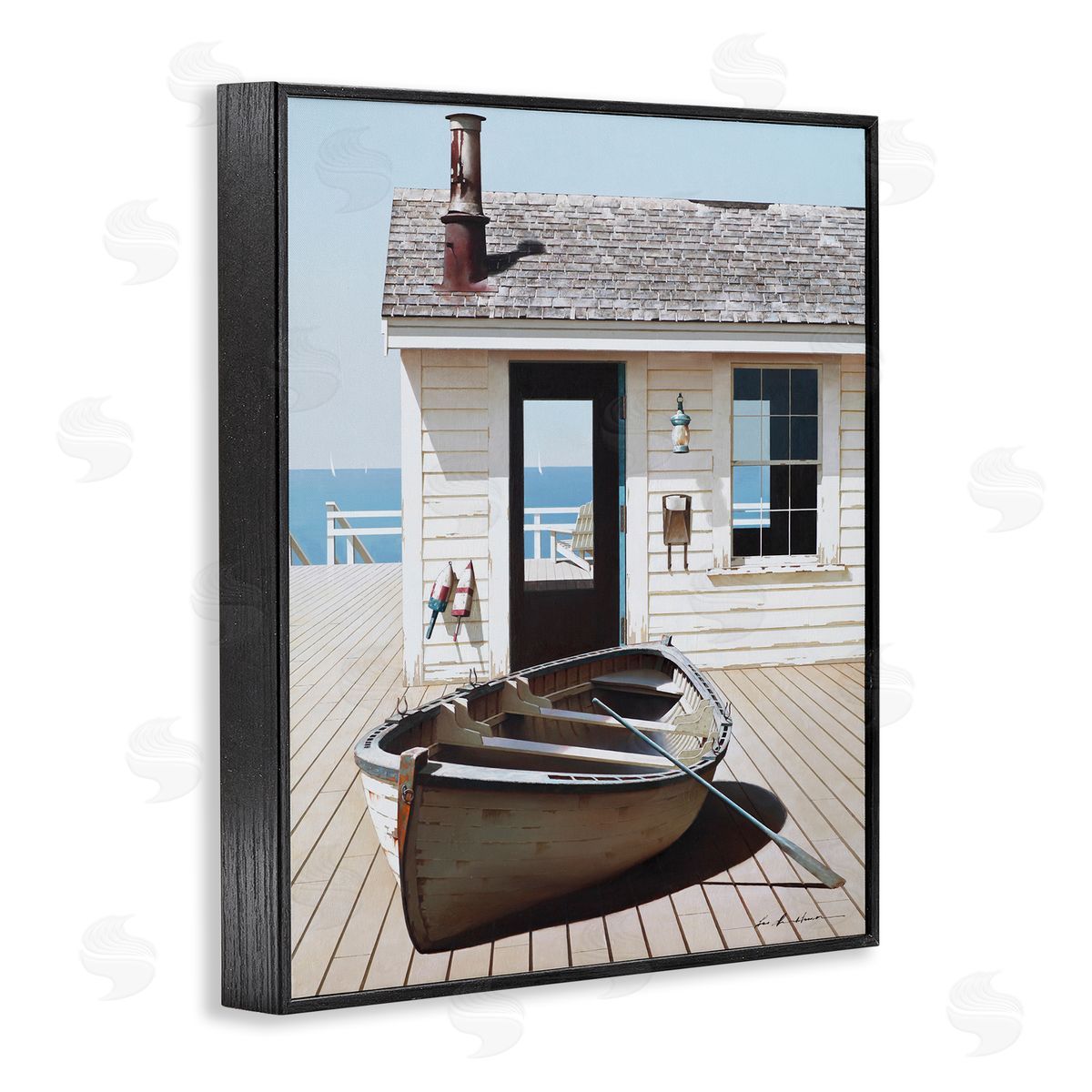 Boat Resting On Boardwalk Black Frame Print Wall Art, Home Decor by Zhen-Huan Lu