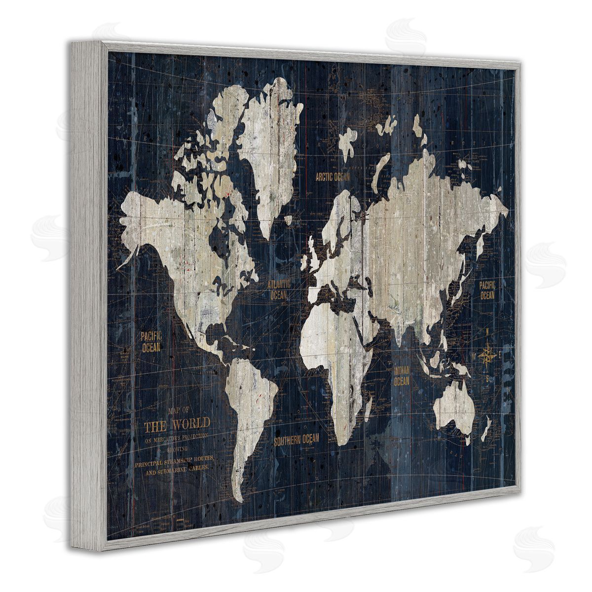 Distressed Antique World Map Grey Frame Print Wall Art, Home Decor by Wild Apple Portfolio