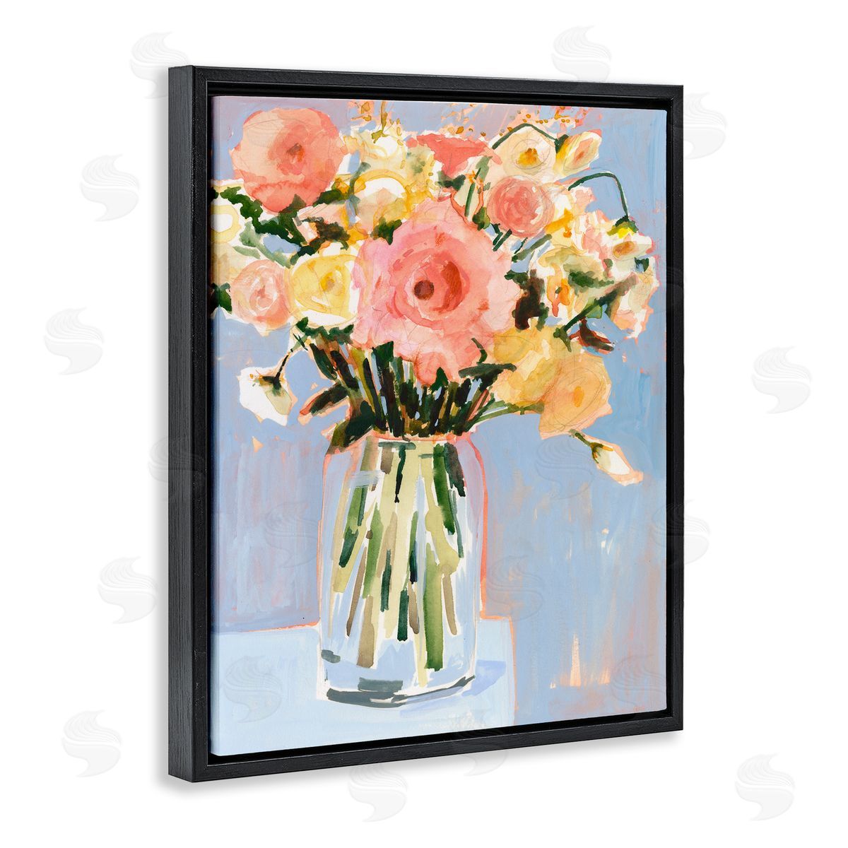 Pink Florals Undone Arrangement Black Floating Frame Canvas Wall Art, Home Decor by Victoria Borges