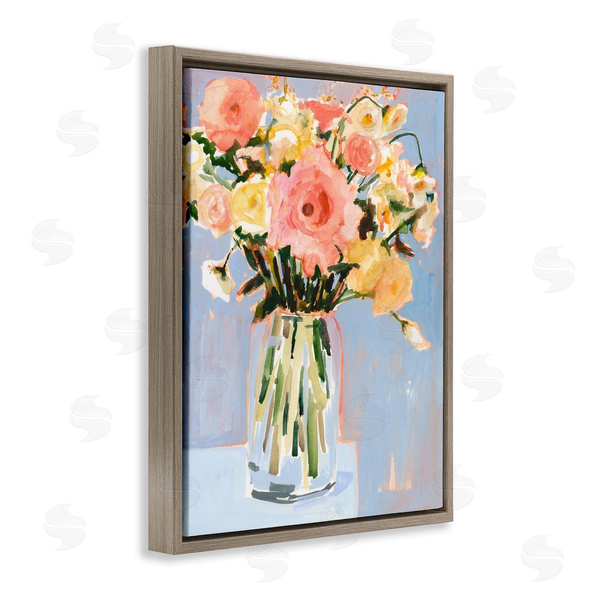 Pink Florals Undone Arrangement Brown Floating Frame Canvas Wall Art, Home Decor by Victoria Borges