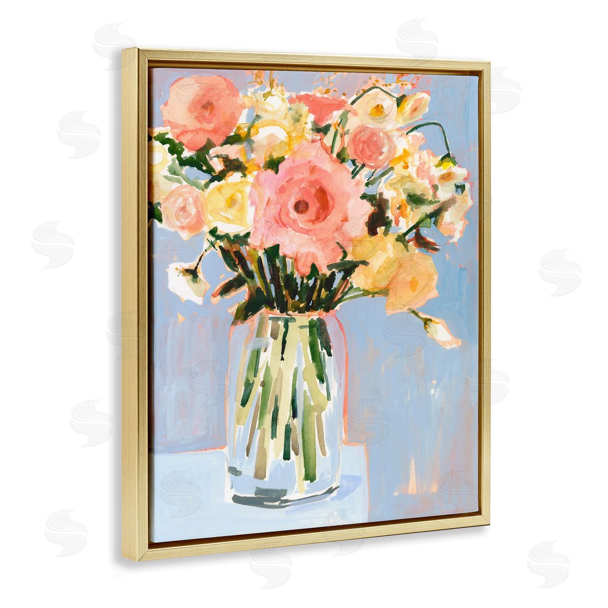 Pink Florals Undone Arrangement Gold Floating Frame Canvas Wall Art, Home Decor by Victoria Borges