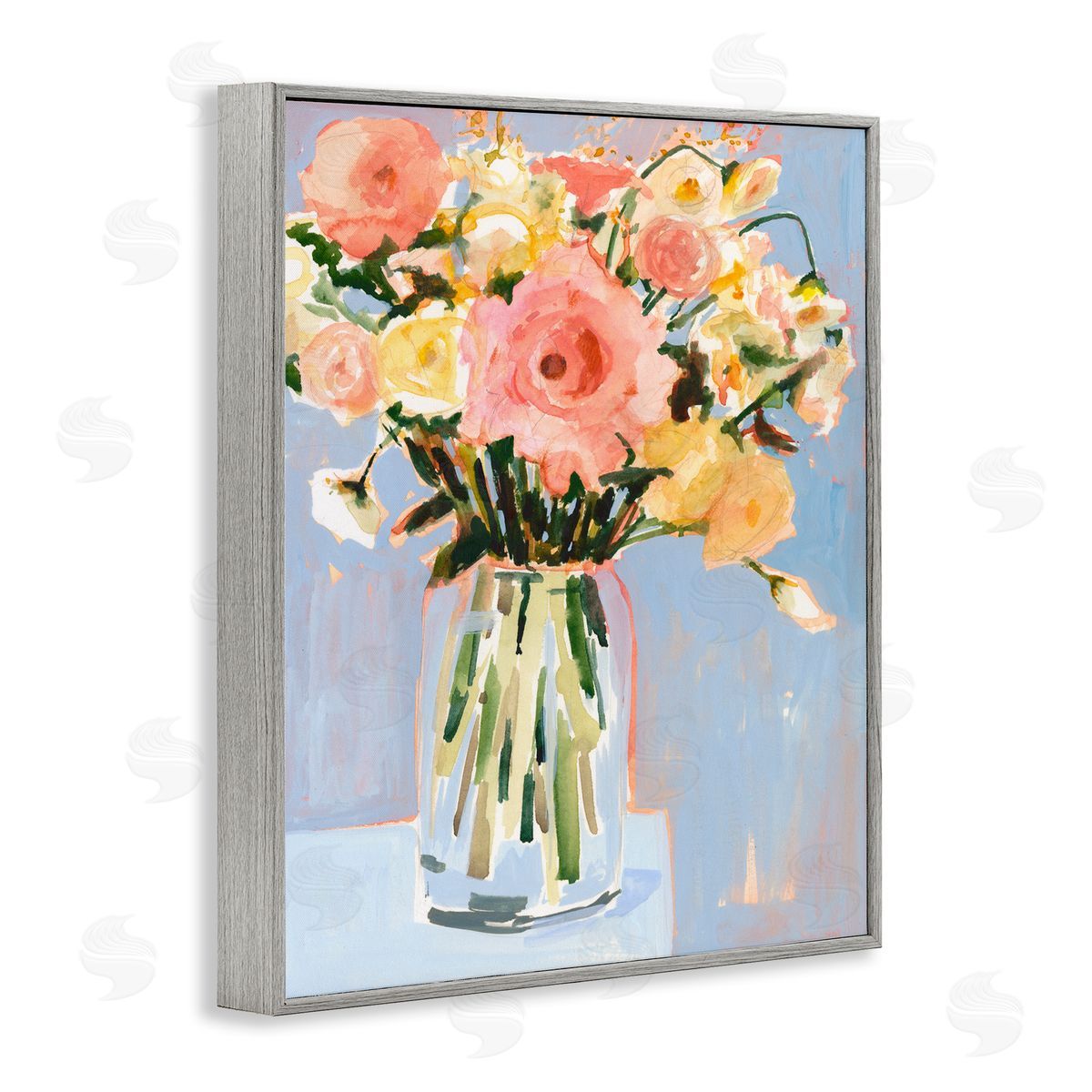 Pink Florals Undone Arrangement Grey Frame Print Wall Art, Home Decor by Victoria Borges