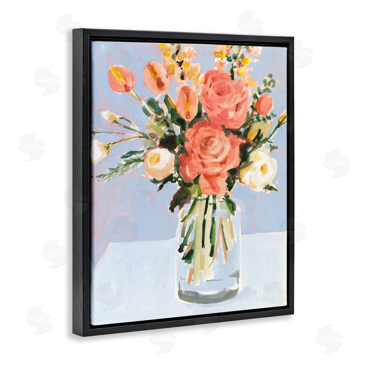 Blushing Florals Undone Arrangement Black Floating Frame Canvas Wall Art, Home Decor by Victoria Borges