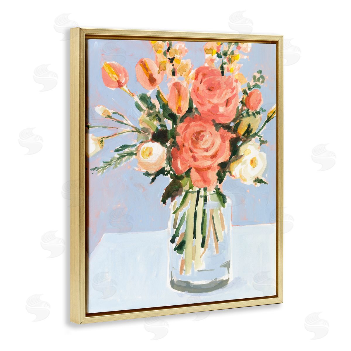 Blushing Florals Undone Arrangement Gold Floating Frame Canvas Wall Art, Home Decor by Victoria Borges
