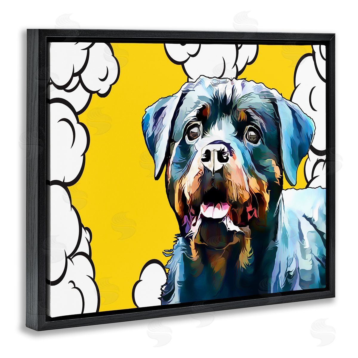 Rottweiler Dog Yellow Pop Art Black Floating Frame Canvas Wall Art, Home Decor by Kim Curinga