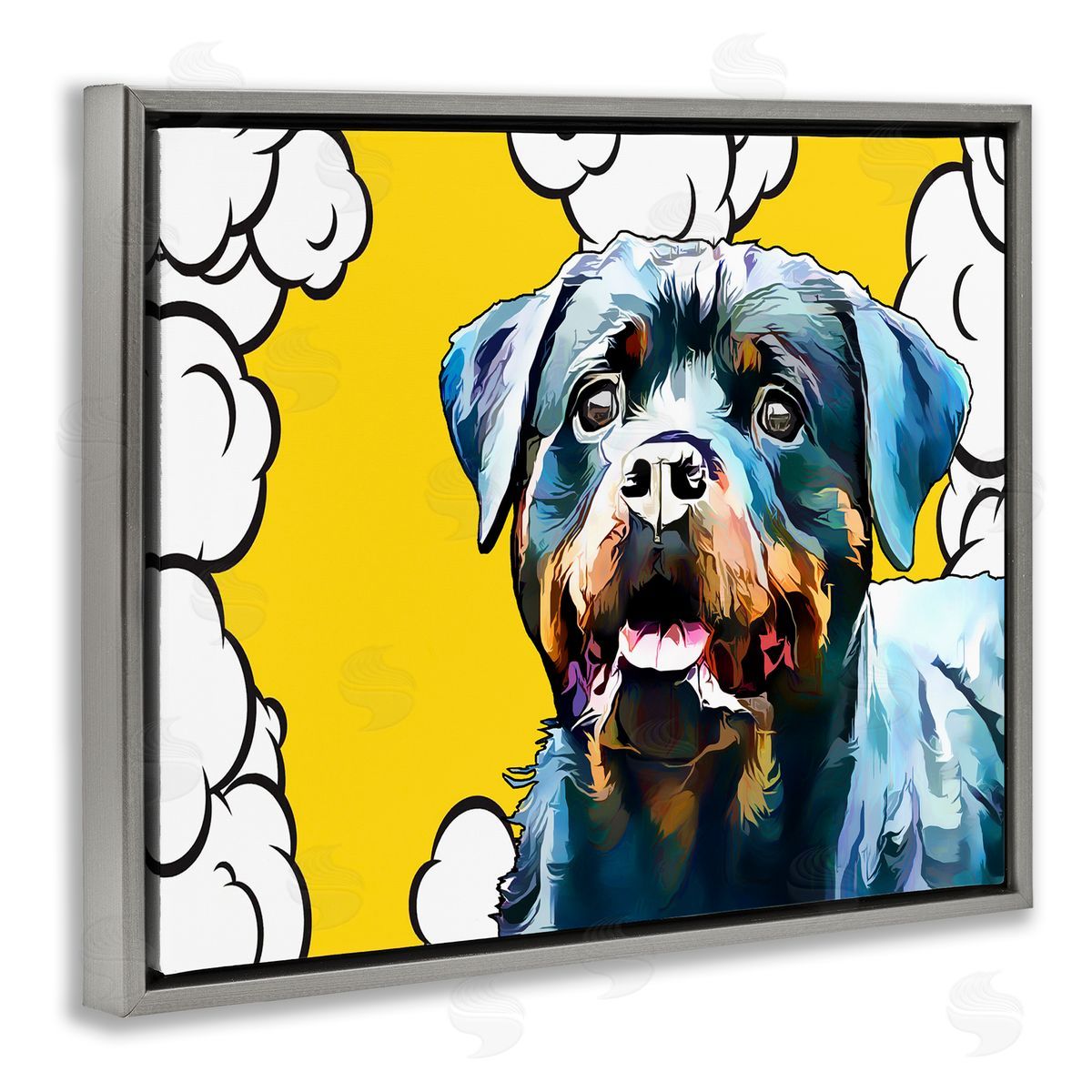 Rottweiler Dog Yellow Pop Art Grey Floating Frame Canvas Wall Art, Home Decor by Kim Curinga
