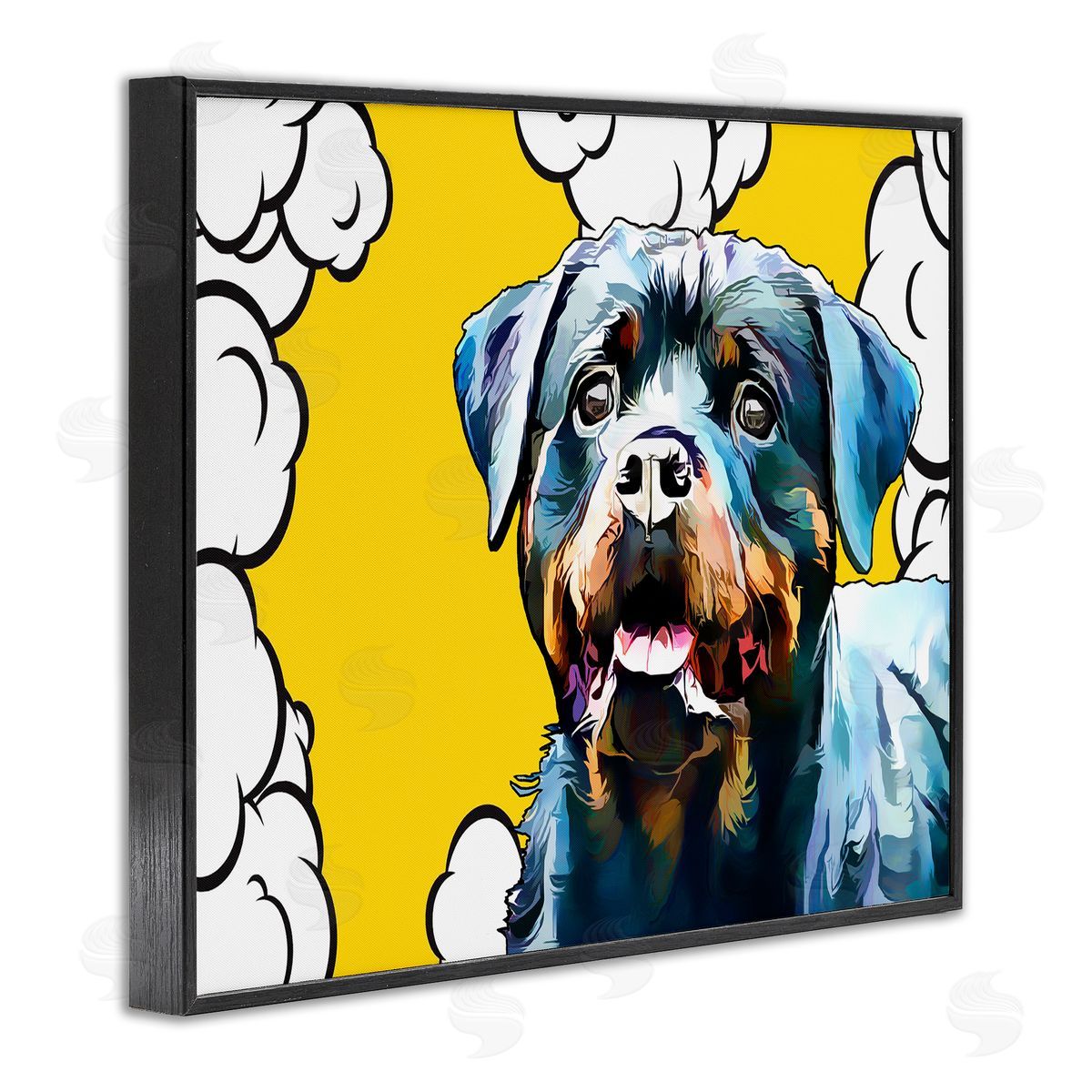 Rottweiler Dog Yellow Pop Art Black Frame Print Wall Art, Home Decor by Kim Curinga