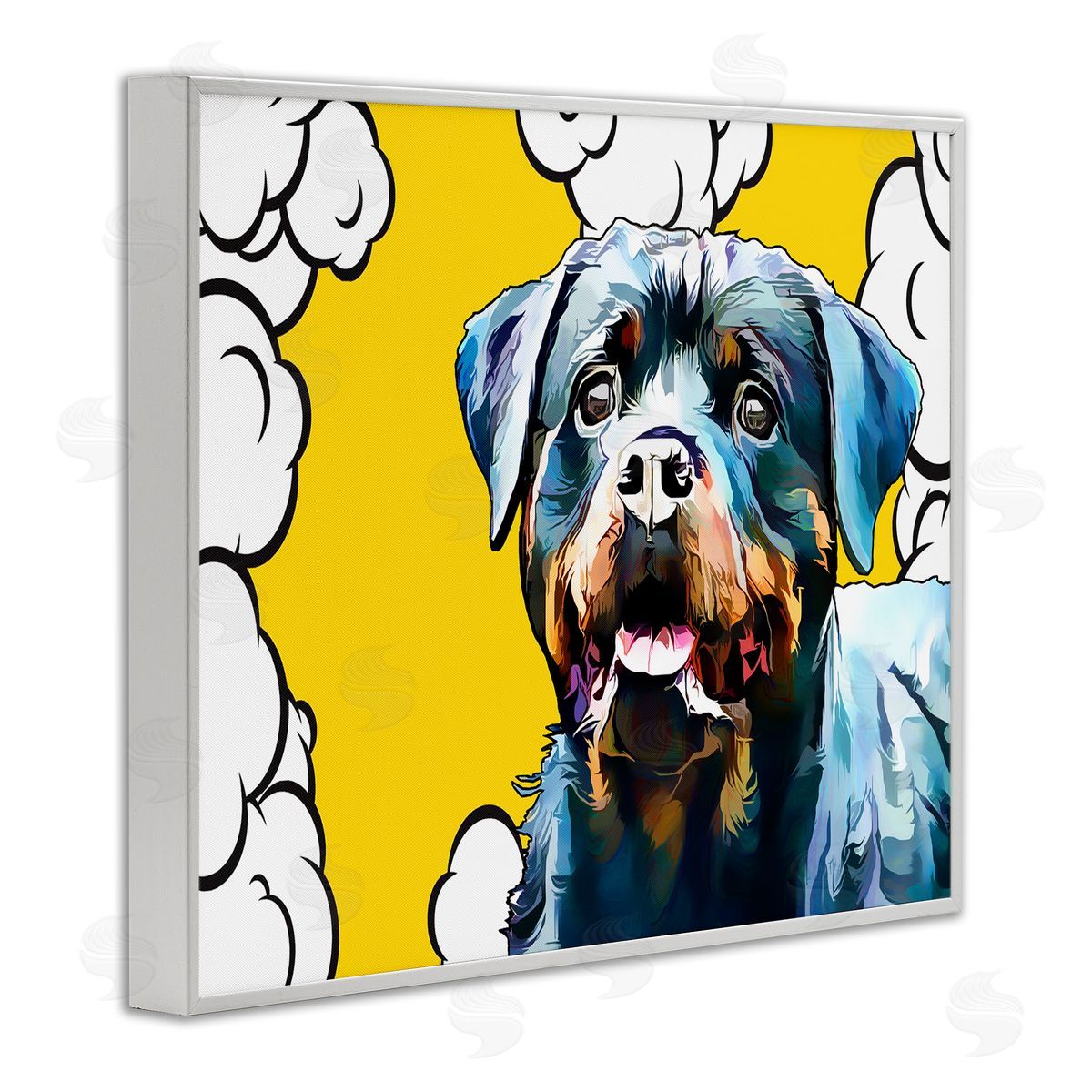 Rottweiler Dog Yellow Pop Art White Frame Print Wall Art, Home Decor by Kim Curinga