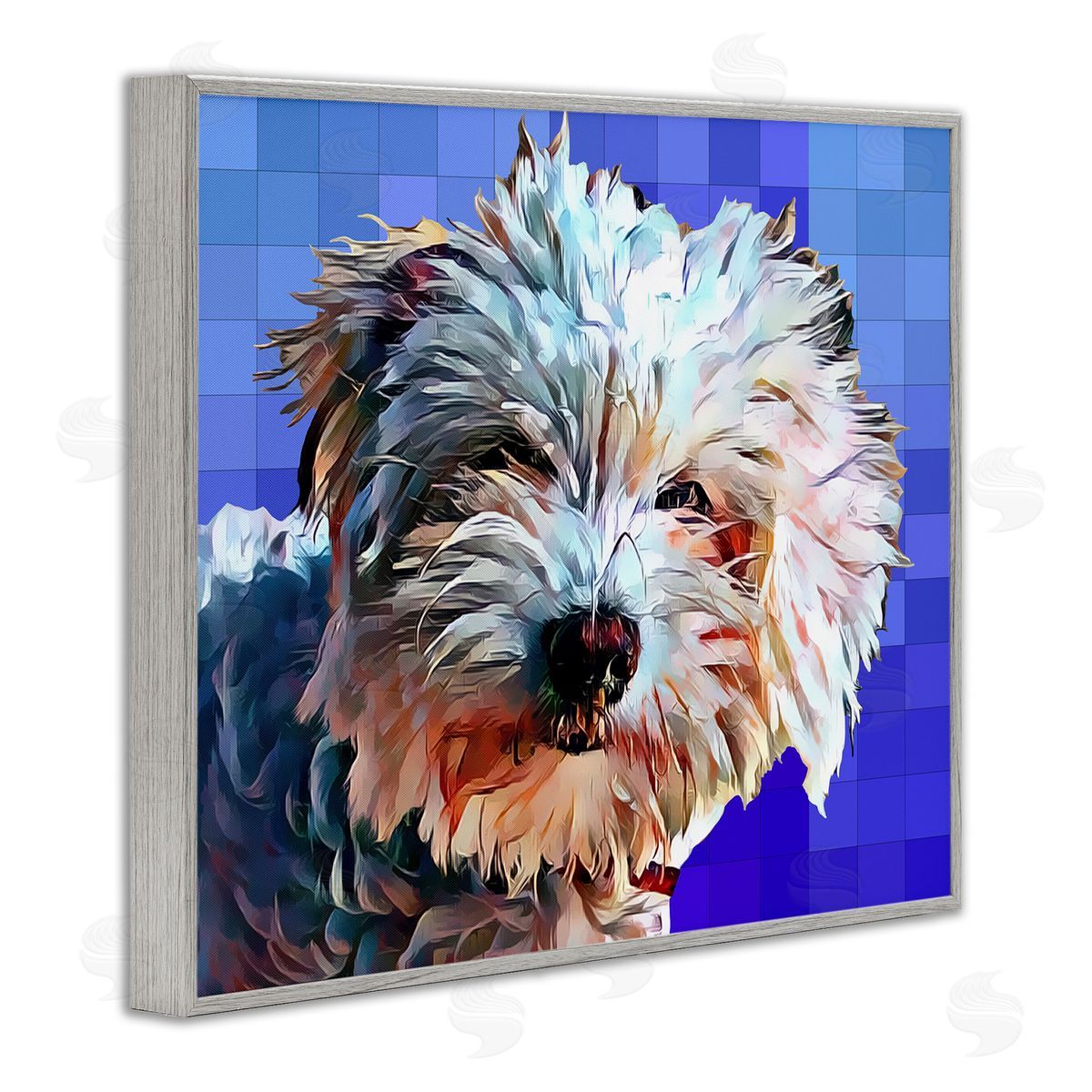 Bichon Puppy Blue Pattern Grey Frame Print Wall Art, Home Decor by Kim Curinga