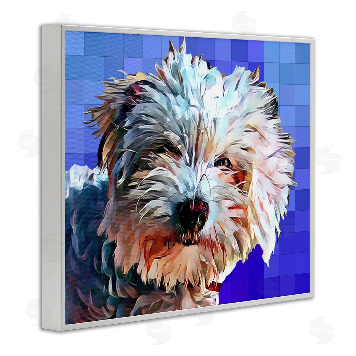 Bichon Puppy Blue Pattern White Frame Print Wall Art, Home Decor by Kim Curinga