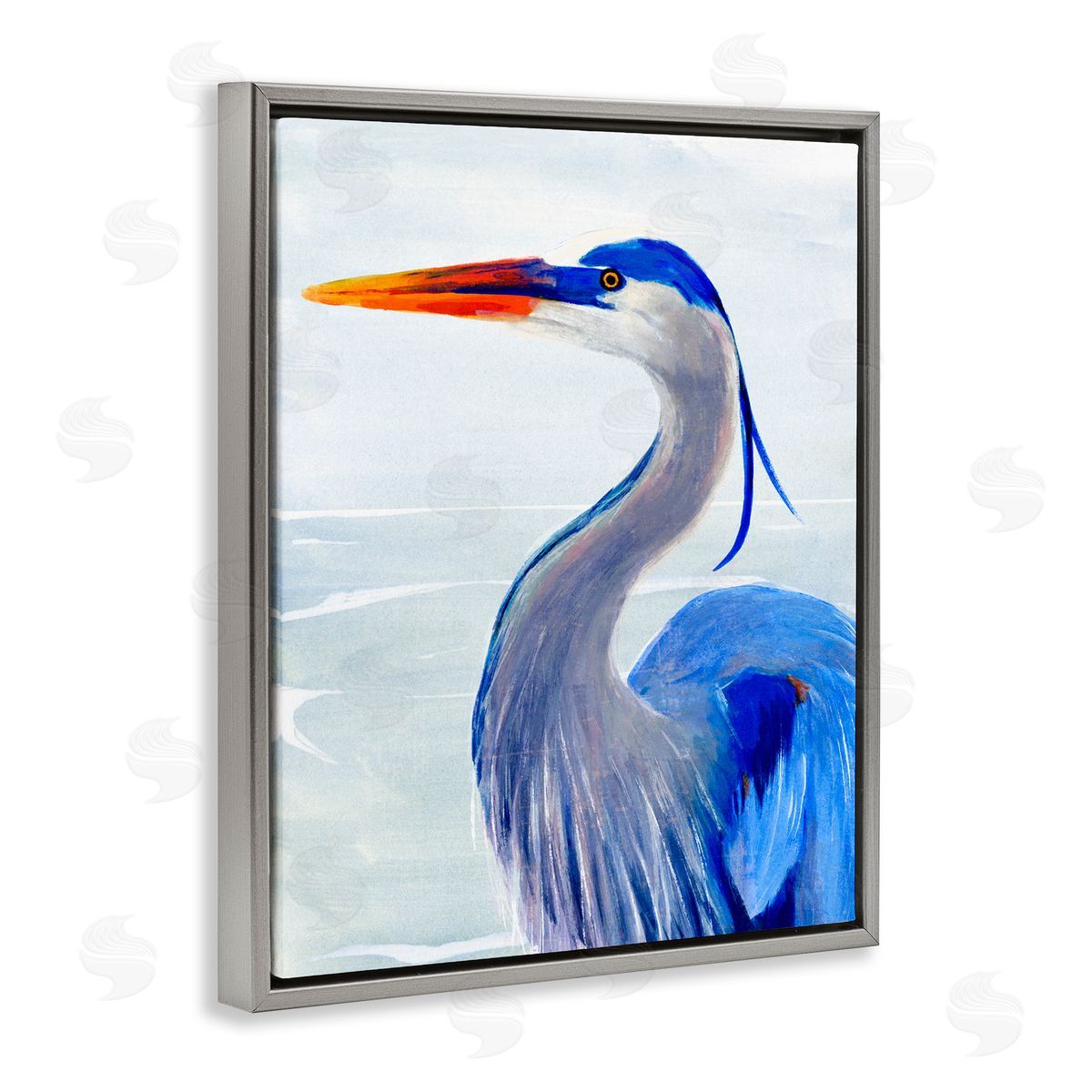 Blue Heron Coastal Portrait Grey Floating Frame Canvas Wall Art, Home Decor by Annie Warren