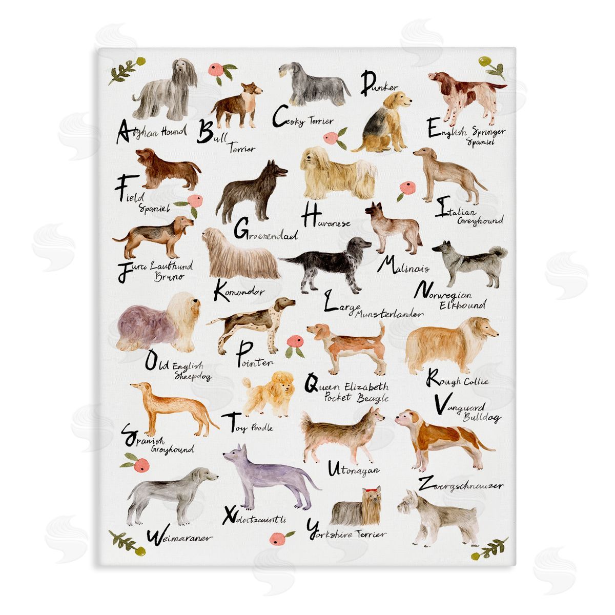Dog Alphabet with Floral Accents Canvas Wall Art, Home Decor by Melissa Wang