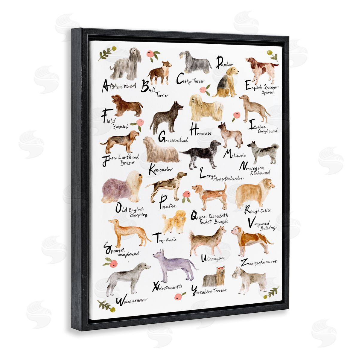Dog Alphabet with Floral Accents Black Floating Frame Canvas Wall Art, Home Decor by Melissa Wang