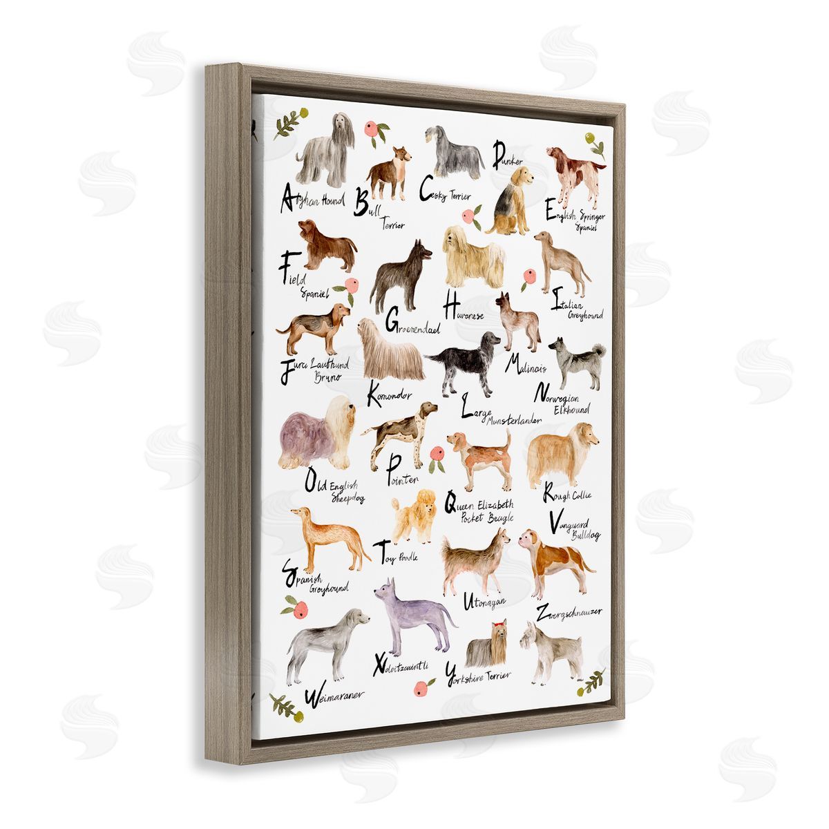 Dog Alphabet with Floral Accents Brown Floating Frame Canvas Wall Art, Home Decor by Melissa Wang