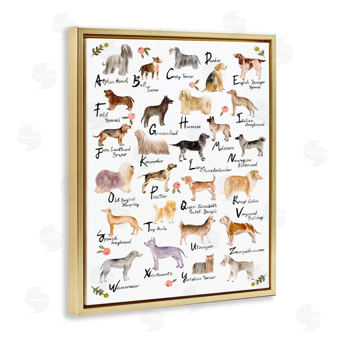 Dog Alphabet with Floral Accents Gold Floating Frame Canvas Wall Art, Home Decor by Melissa Wang