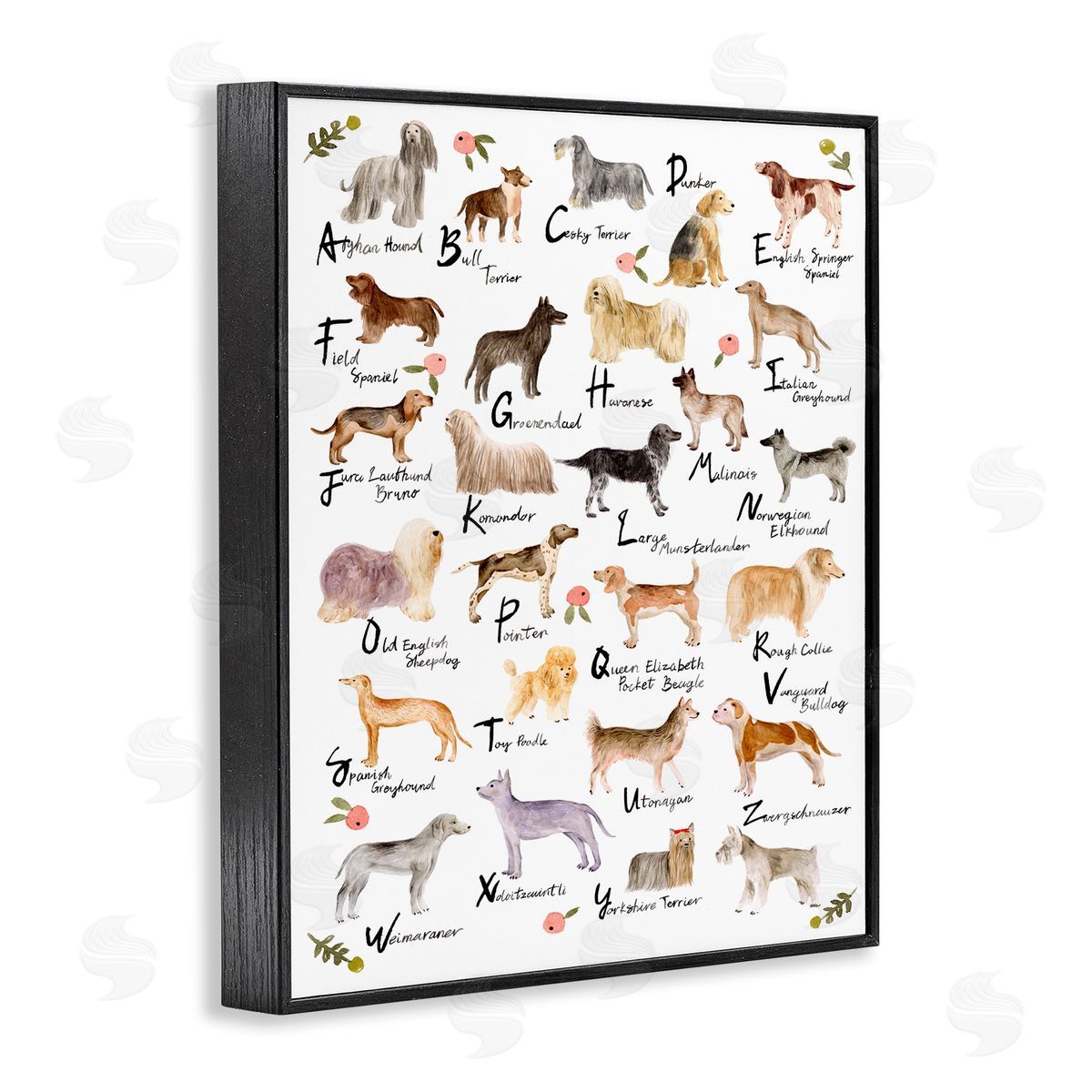 Dog Alphabet with Floral Accents Black Frame Print Wall Art, Home Decor by Melissa Wang