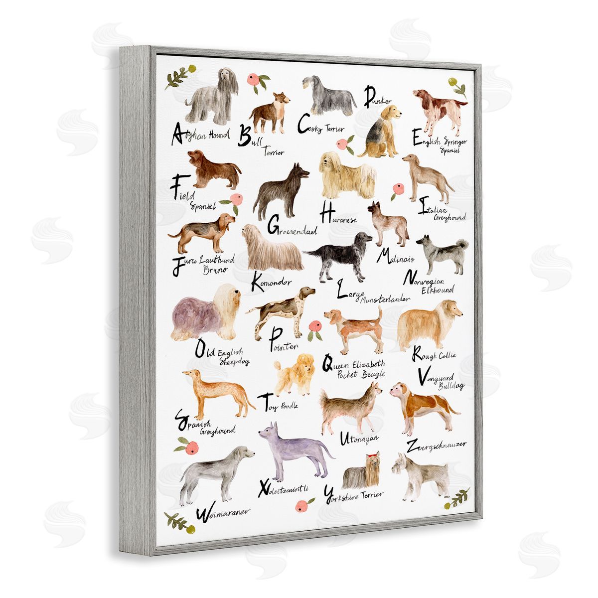 Dog Alphabet with Floral Accents Grey Frame Print Wall Art, Home Decor by Melissa Wang
