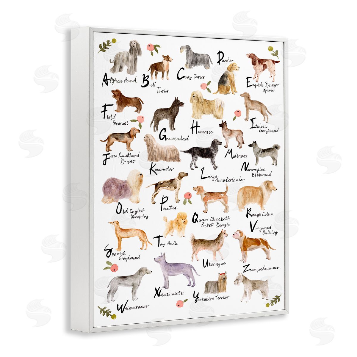 Dog Alphabet with Floral Accents White Frame Print Wall Art, Home Decor by Melissa Wang