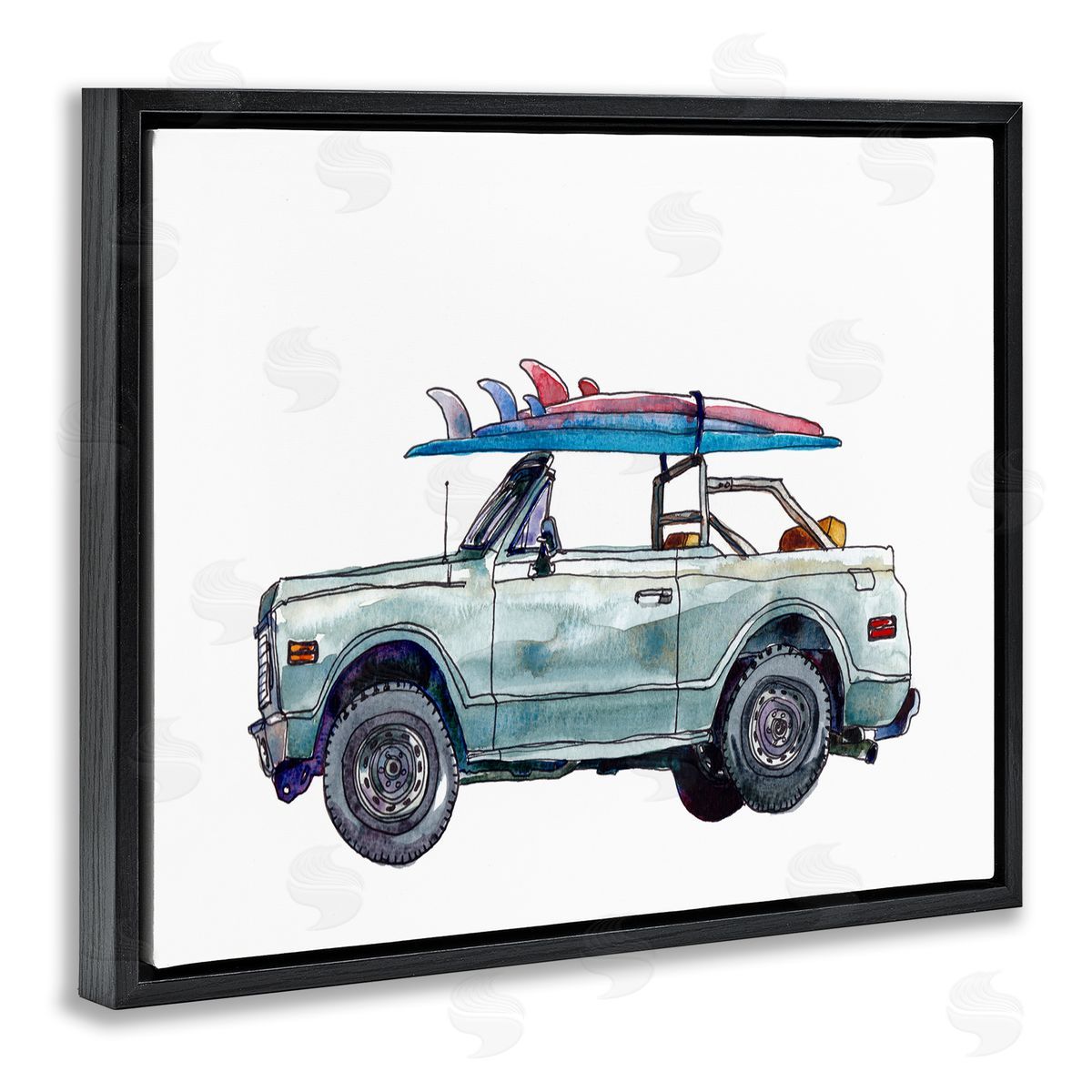 Beach Cruiser with Surfboard Black Floating Frame Canvas Wall Art, Home Decor by Paul McCreery