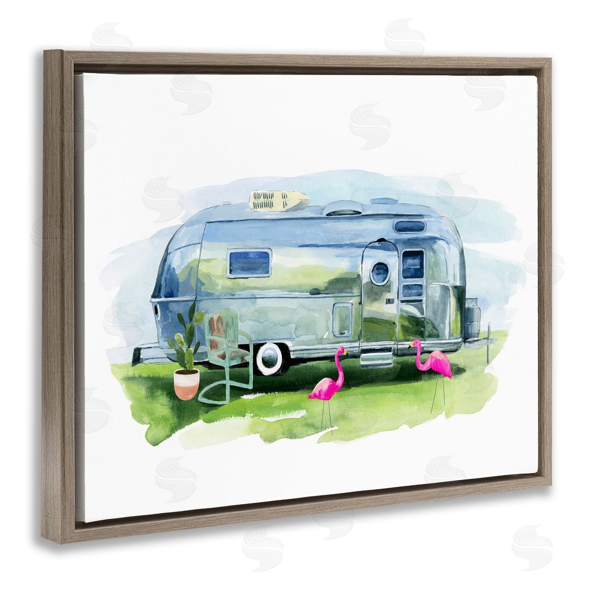 Retro Camper with Flamingos Brown Floating Frame Canvas Wall Art, Home Decor by Annie Warren