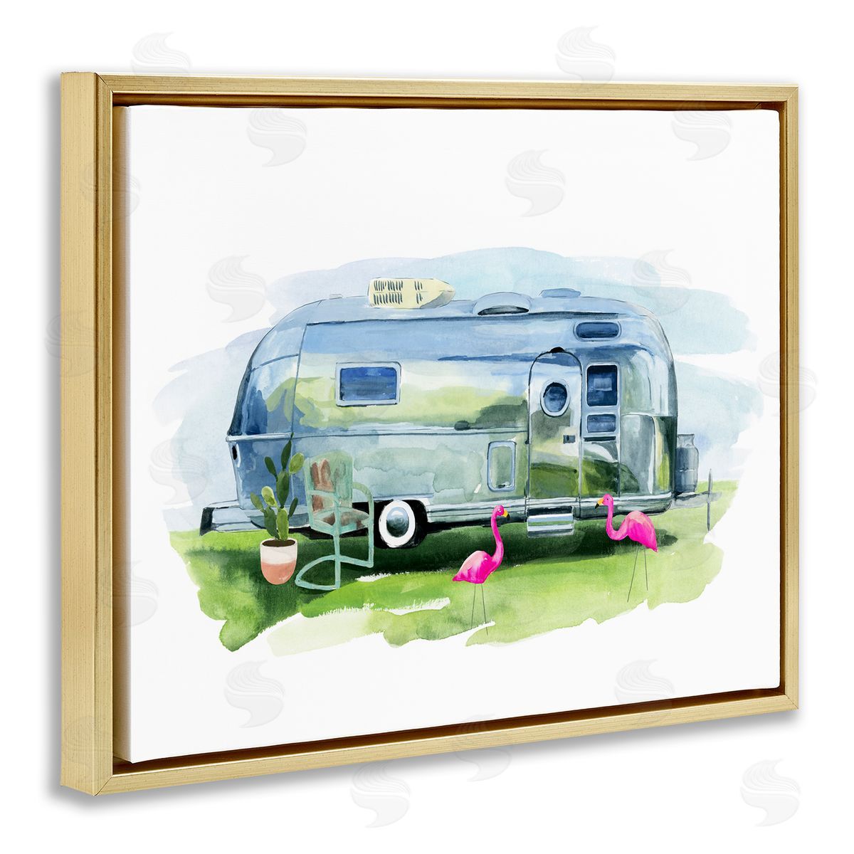 Retro Camper with Flamingos Gold Floating Frame Canvas Wall Art, Home Decor by Annie Warren