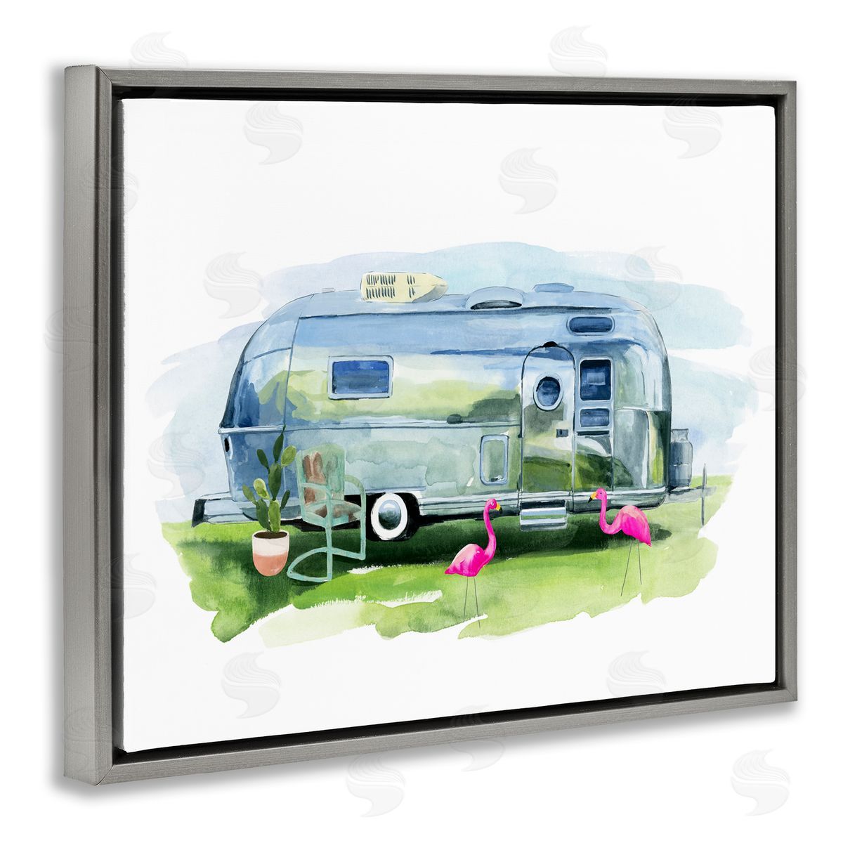 Retro Camper with Flamingos Grey Floating Frame Canvas Wall Art, Home Decor by Annie Warren