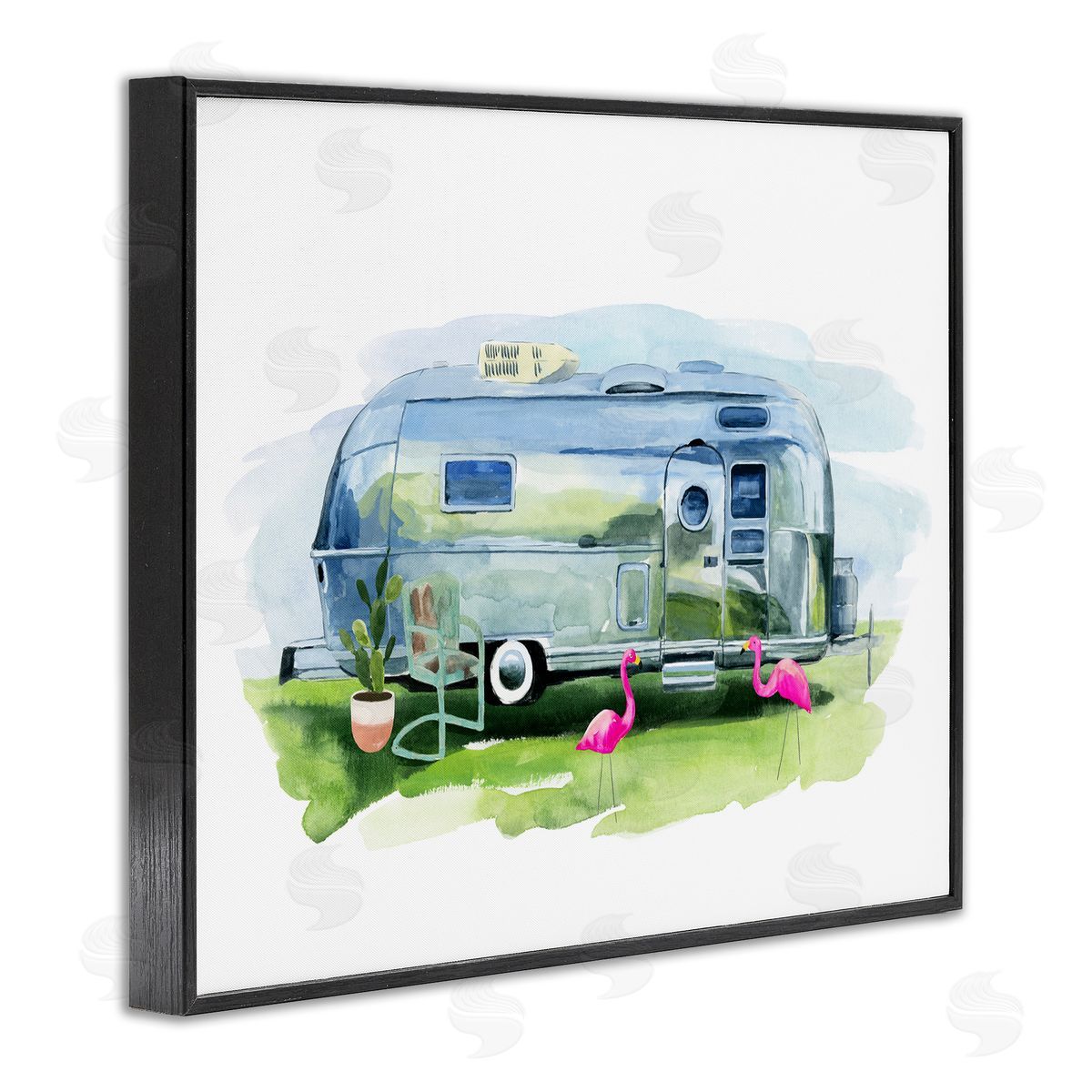 Retro Camper with Flamingos Black Frame Print Wall Art, Home Decor by Annie Warren