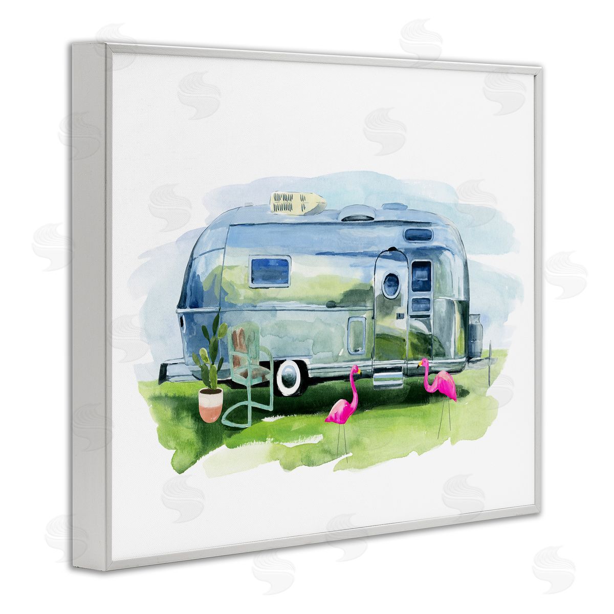 Retro Camper with Flamingos White Frame Print Wall Art, Home Decor by Annie Warren