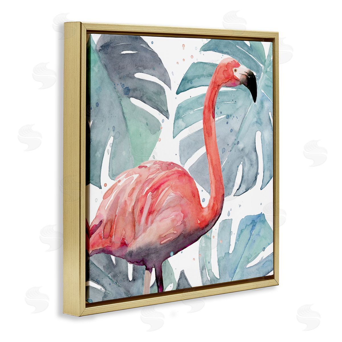 Flamingo over Monstera Leaves Gold Floating Frame Canvas Wall Art, Home Decor by Annie Warren
