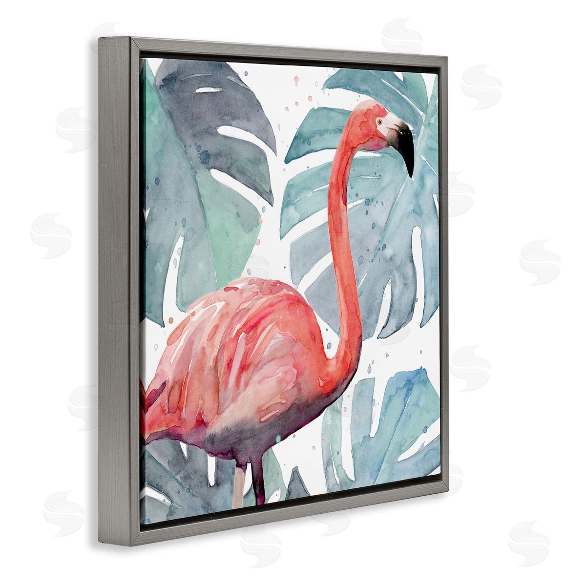 Flamingo over Monstera Leaves Grey Floating Frame Canvas Wall Art, Home Decor by Annie Warren