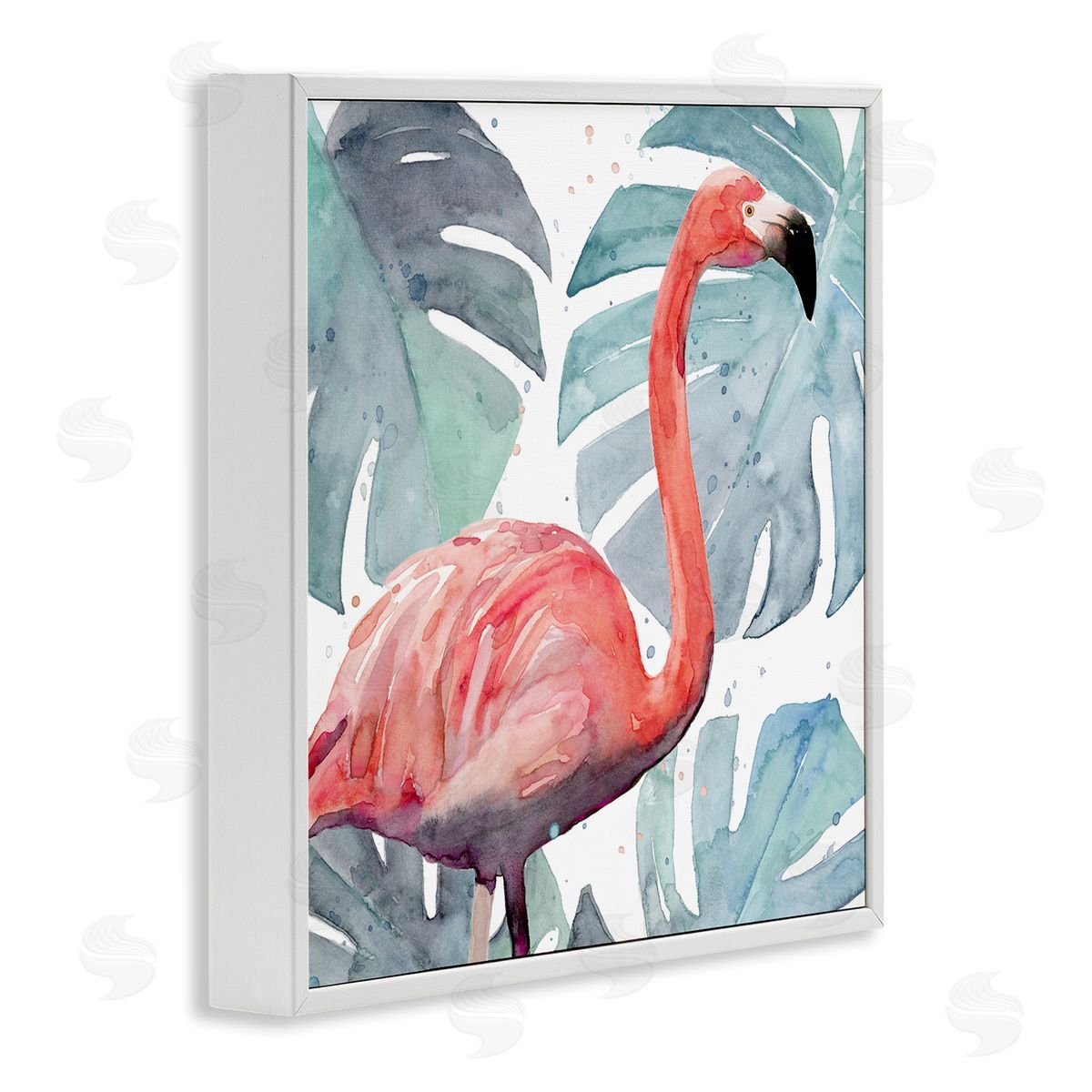 Flamingo over Monstera Leaves White Frame Print Wall Art, Home Decor by Annie Warren