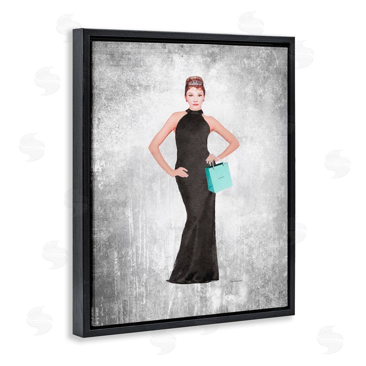 Audrey with Blue Bag Black Floating Frame Canvas Wall Art, Home Decor by Amanda Greenwood