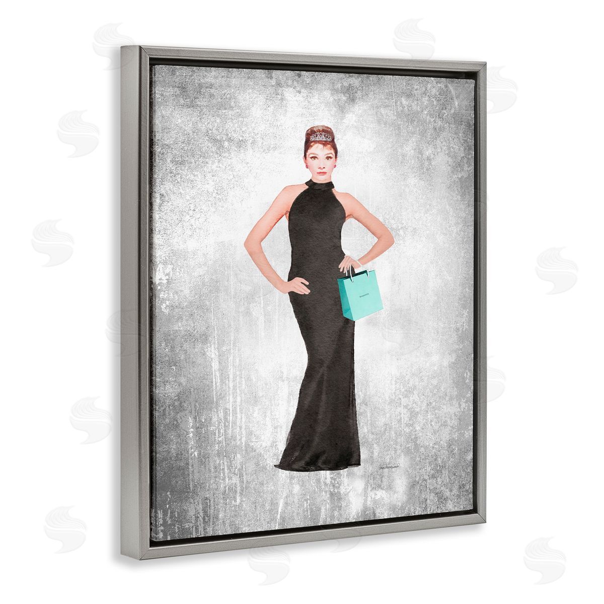 Audrey with Blue Bag Grey Floating Frame Canvas Wall Art, Home Decor by Amanda Greenwood