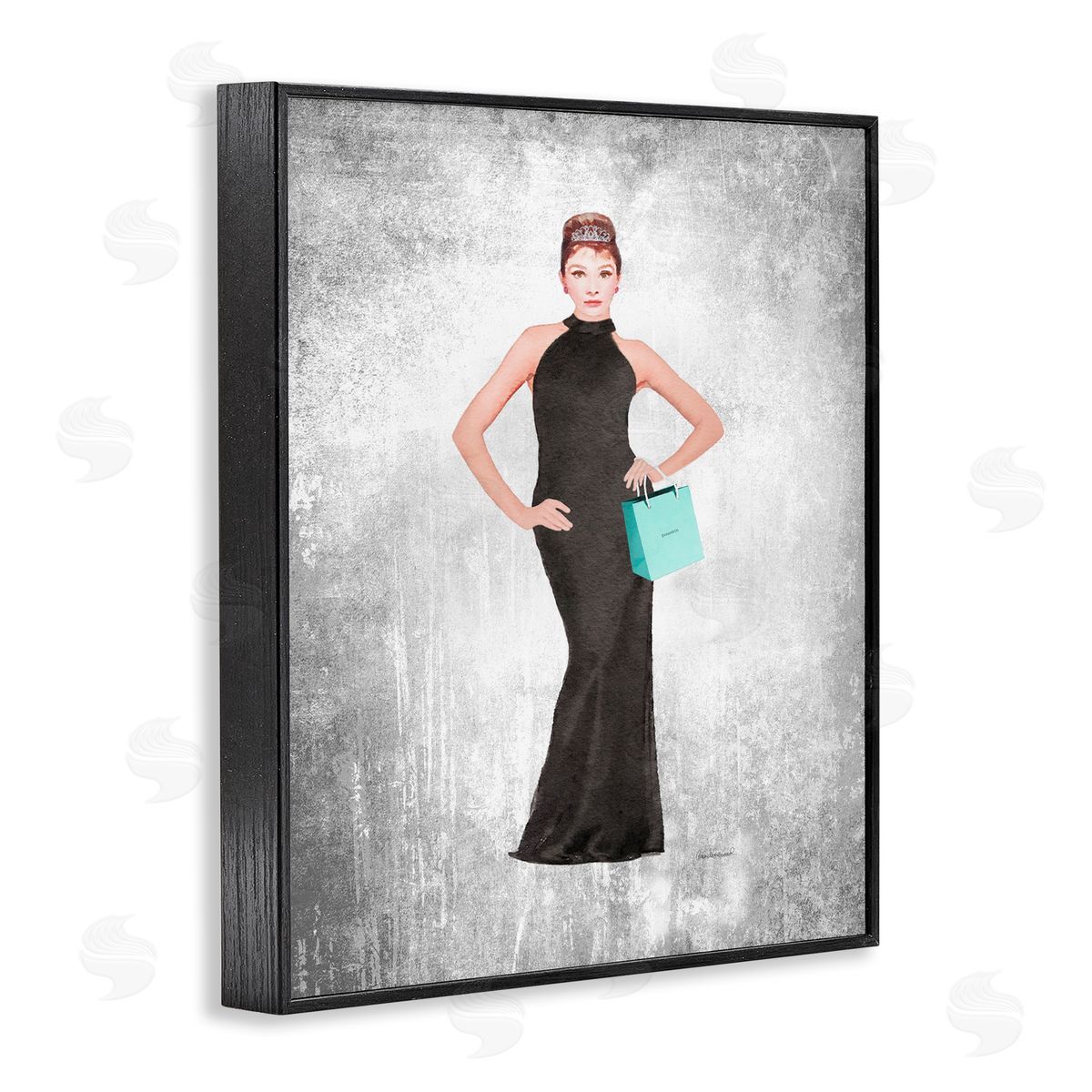 Audrey with Blue Bag Black Frame Print Wall Art, Home Decor by Amanda Greenwood