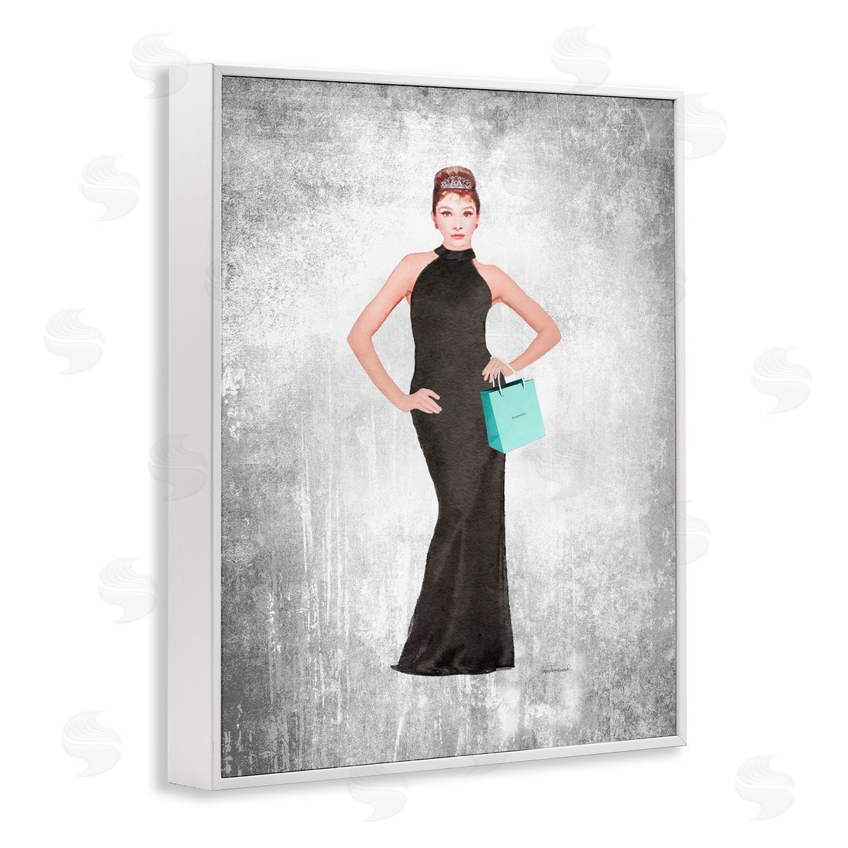 Audrey with Blue Bag White Frame Print Wall Art, Home Decor by Amanda Greenwood
