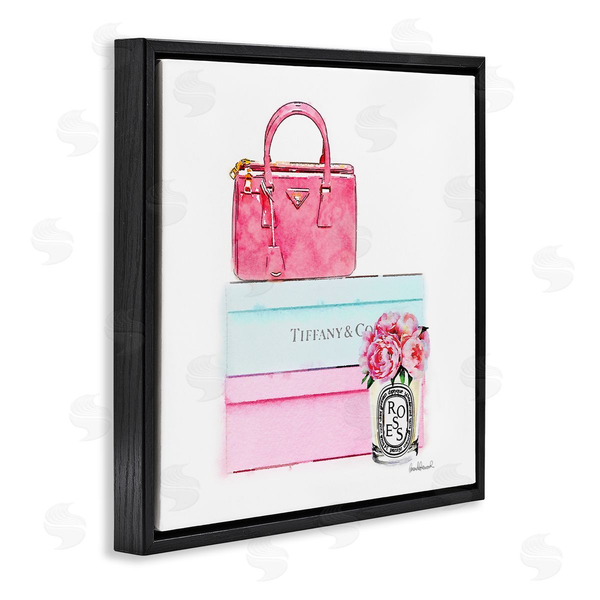 Pink Purse on Stacked Boxes Black Floating Frame Canvas Wall Art, Home Decor by Amanda Greenwood