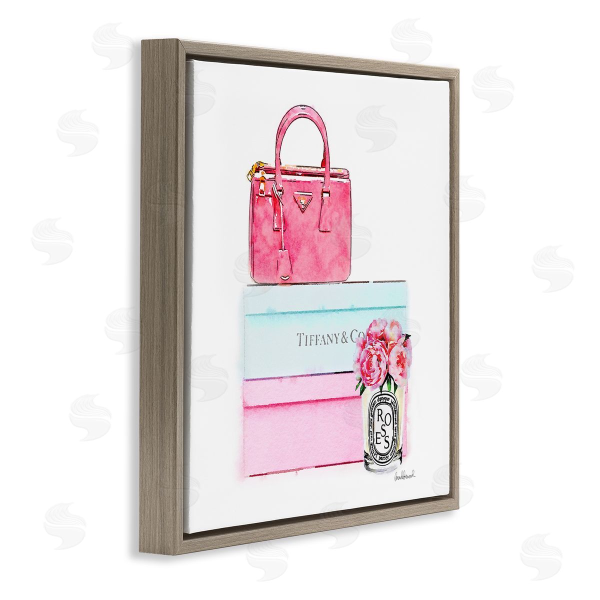 Pink Purse on Stacked Boxes Brown Floating Frame Canvas Wall Art, Home Decor by Amanda Greenwood