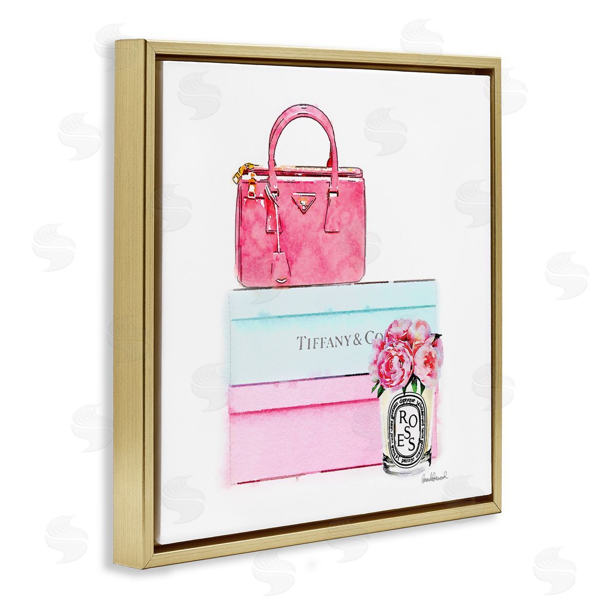 Pink Purse on Stacked Boxes Gold Floating Frame Canvas Wall Art, Home Decor by Amanda Greenwood