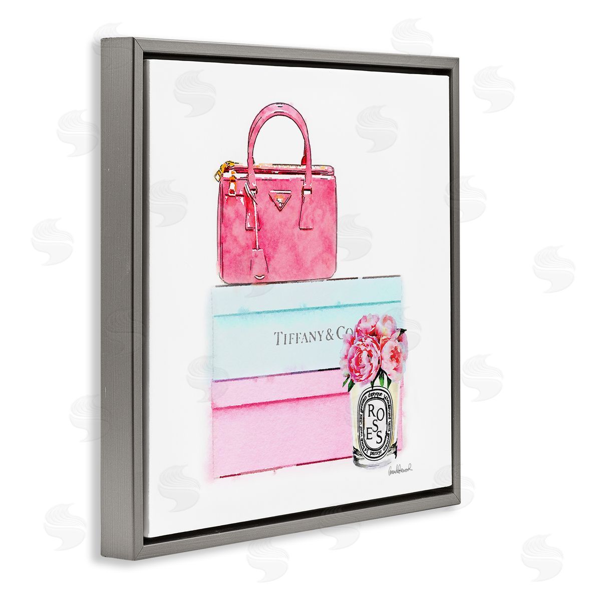 Pink Purse on Stacked Boxes Grey Floating Frame Canvas Wall Art, Home Decor by Amanda Greenwood