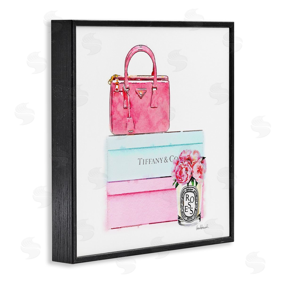Pink Purse on Stacked Boxes Black Frame Print Wall Art, Home Decor by Amanda Greenwood