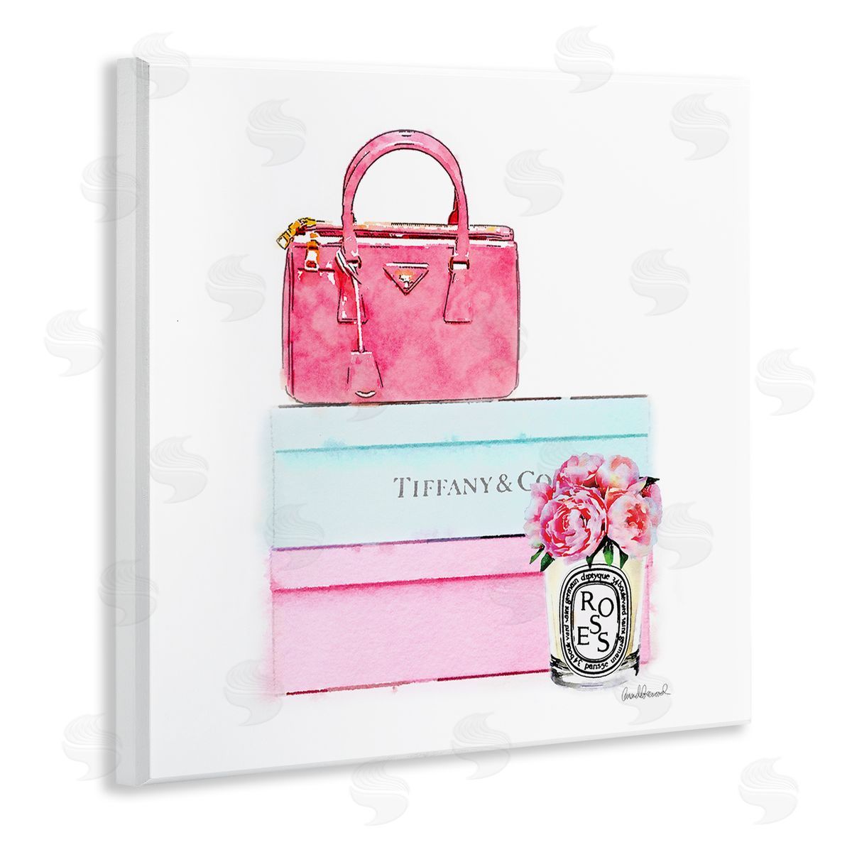 Pink Purse on Stacked Boxes Wood Plaque Wall Art, Home Decor by Amanda Greenwood