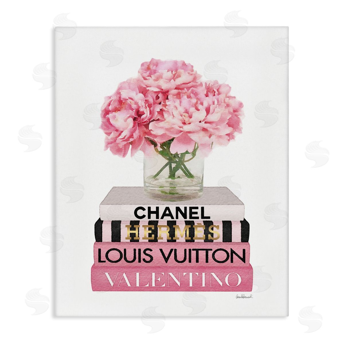 Pink Carnations on Fashion Books Canvas Wall Art, Home Decor by Amanda Greenwood