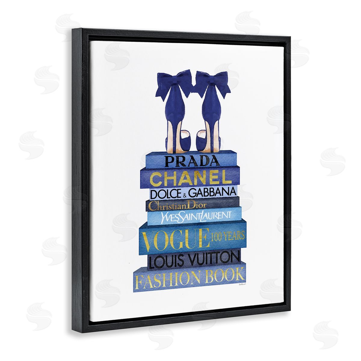Blue Bow Heels on Bookstack Black Floating Frame Canvas Wall Art, Home Decor by Amanda Greenwood
