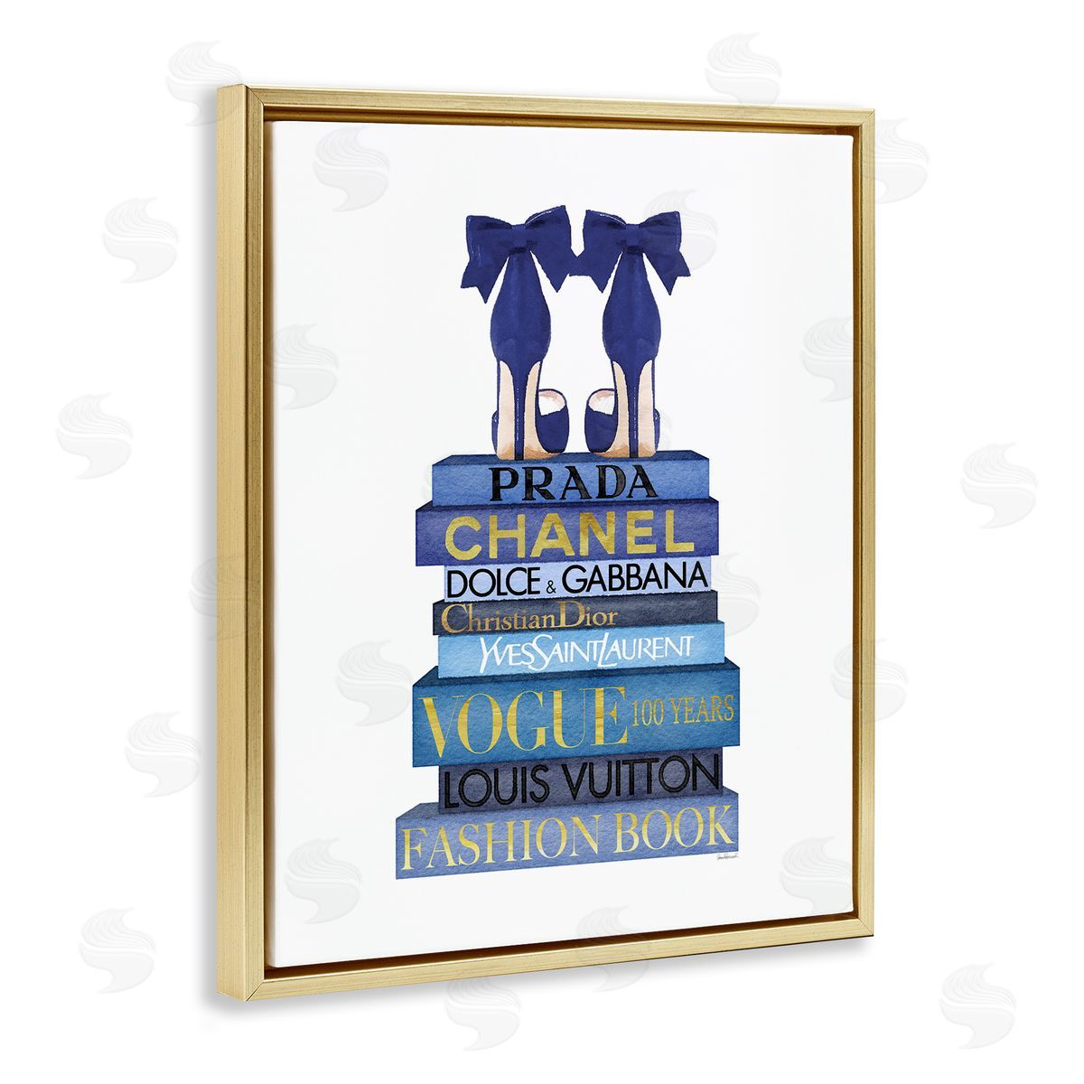 Blue Bow Heels on Bookstack Gold Floating Frame Canvas Wall Art, Home Decor by Amanda Greenwood