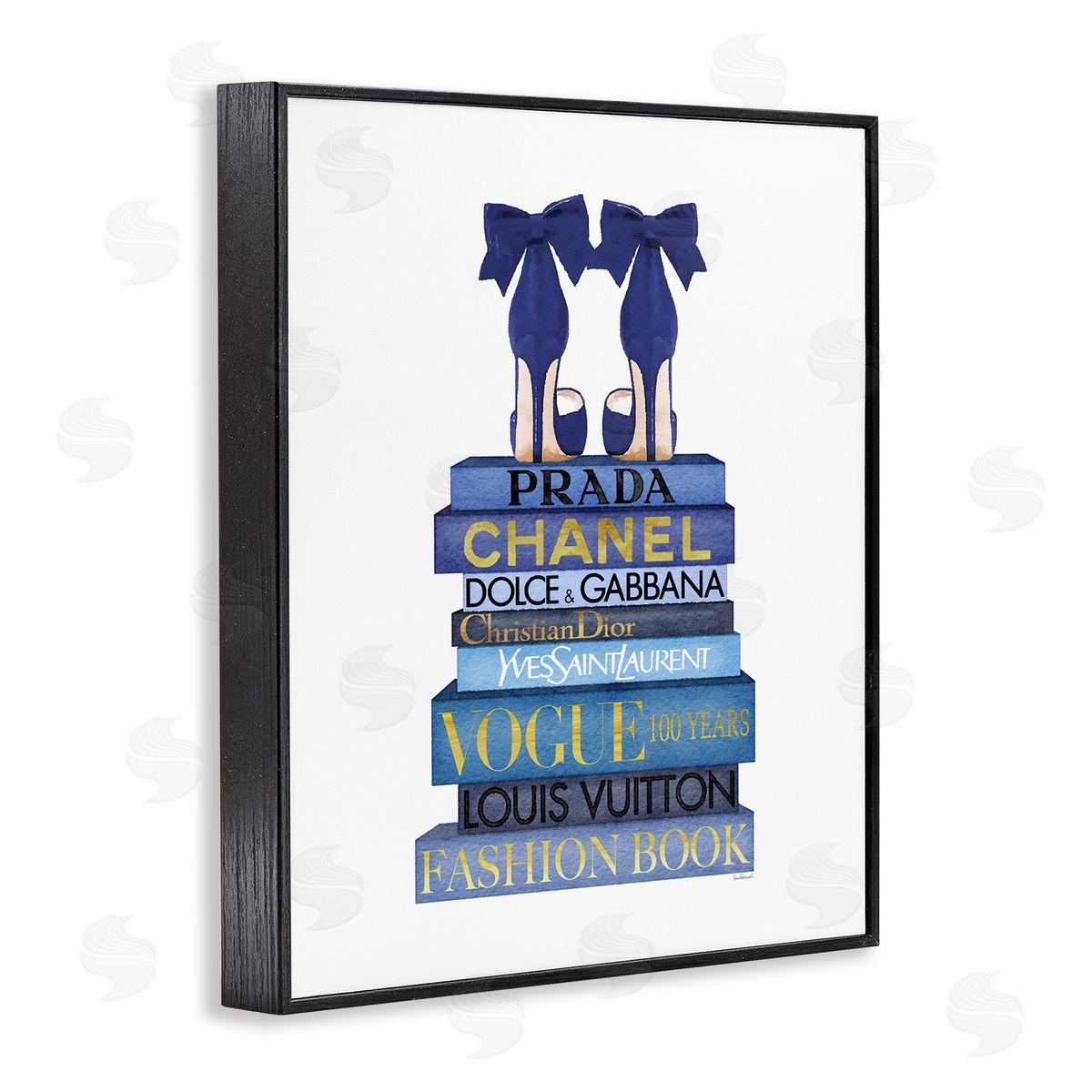 Blue Bow Heels on Bookstack Black Frame Print Wall Art, Home Decor by Amanda Greenwood